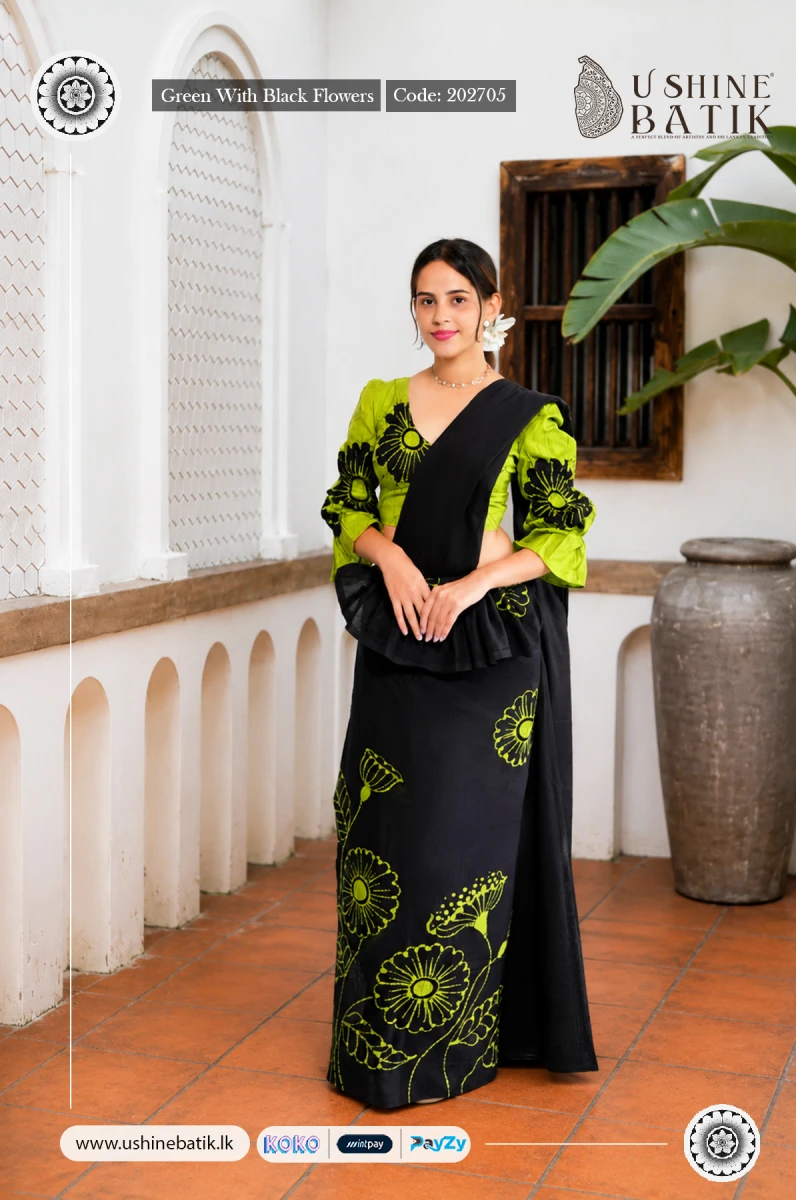 202705 - Handcrafted Batik Saree - Green With Black Flowers