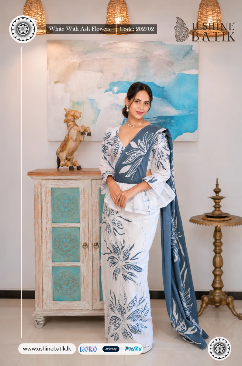 202702 - Handcrafted Batik Saree - White With Ash Flowers