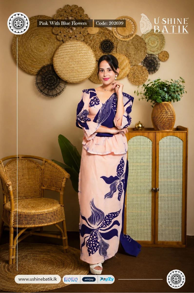 202699 - Handcrafted Batik Saree - Pink With Blue Flowers