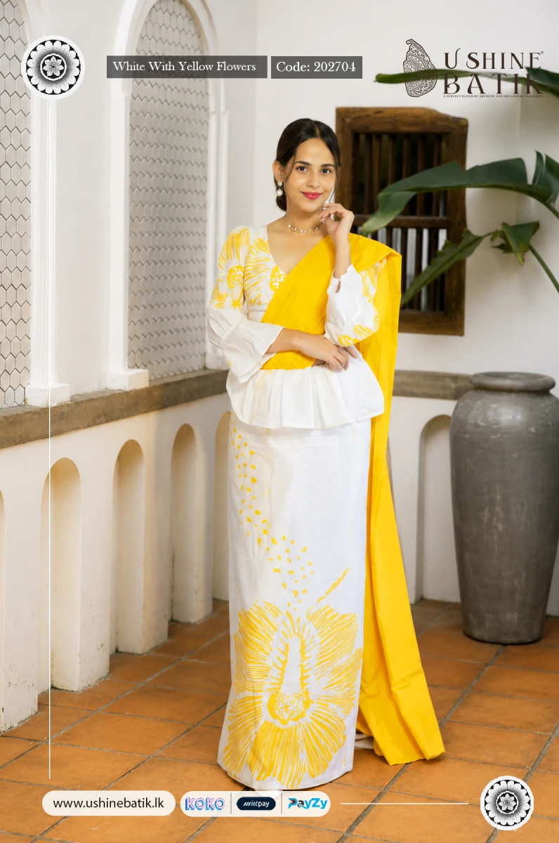 202704 - Handcrafted Batik Saree - White With Yellow Flowers