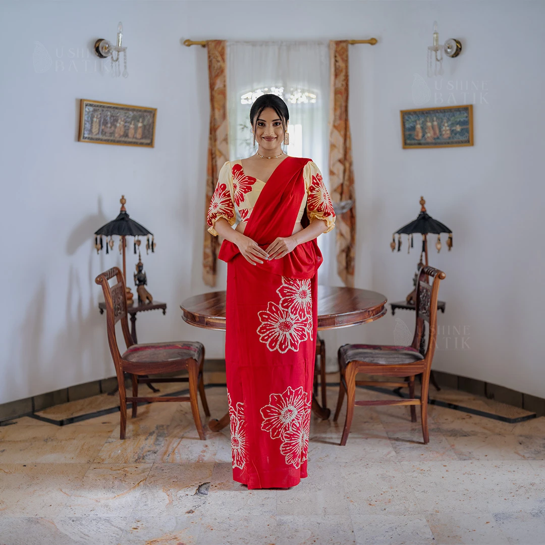 202576 - Handcrafted Batik Saree - Cream with Red Flowers