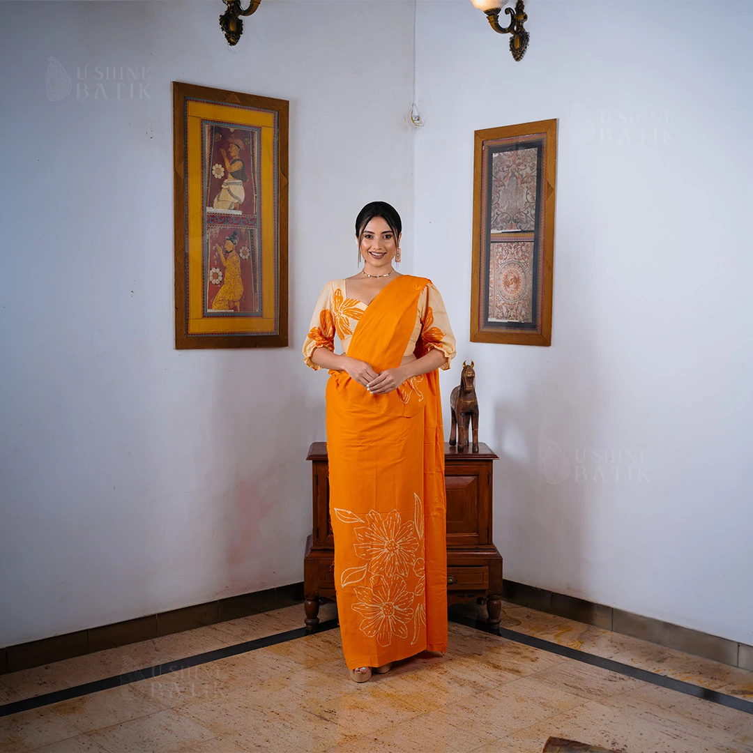 202575 - Handcrafted Batik Saree - Cream with Orange Flowers