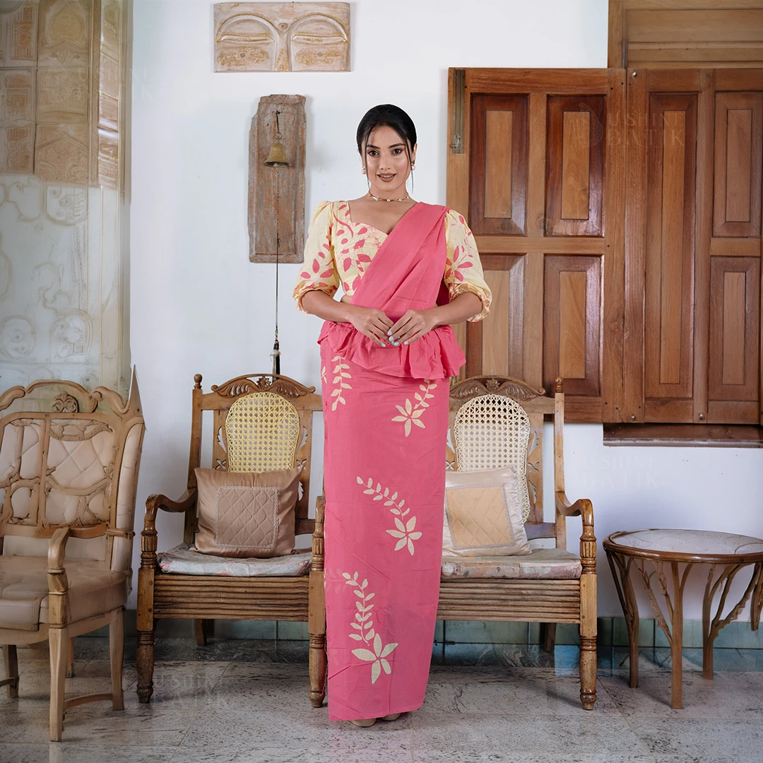 202574 - Handcrafted Batik Saree - Cream with Pink Flowers