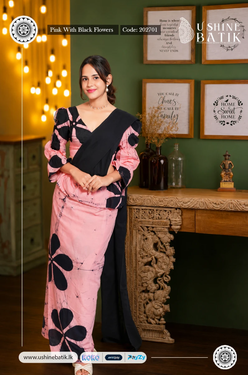 202701 - Handcrafted Batik Saree - Pink With Black Flowers