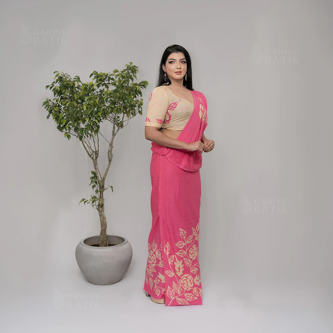 202558 - Handcrafted Batik Saree - Cream with Pink Leaves
