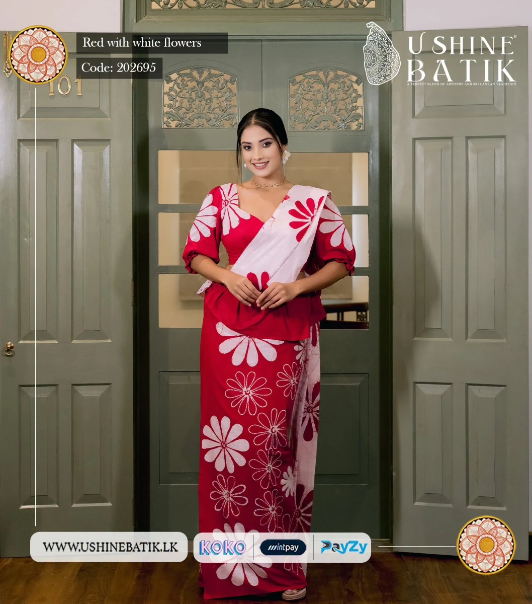 202695 - Handcrafted Batik Saree - Red With White Flowers