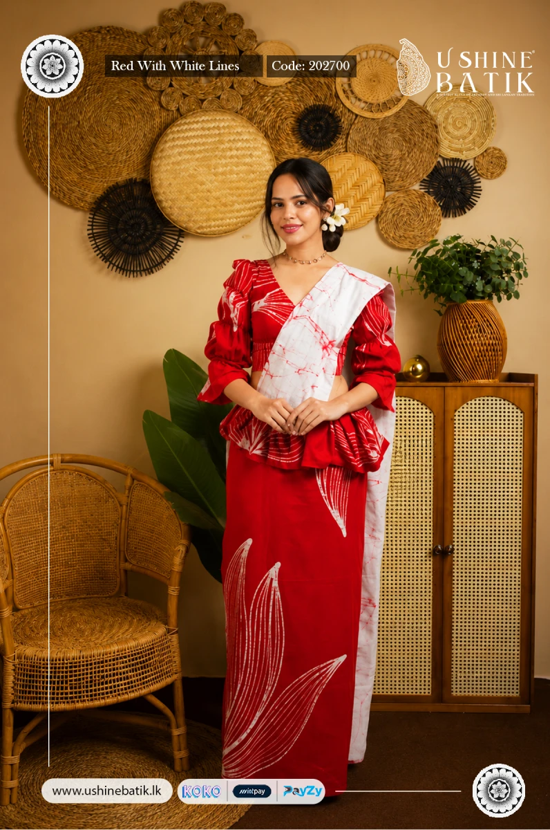 202700 - Handcrafted Batik Saree - Red With White Lines